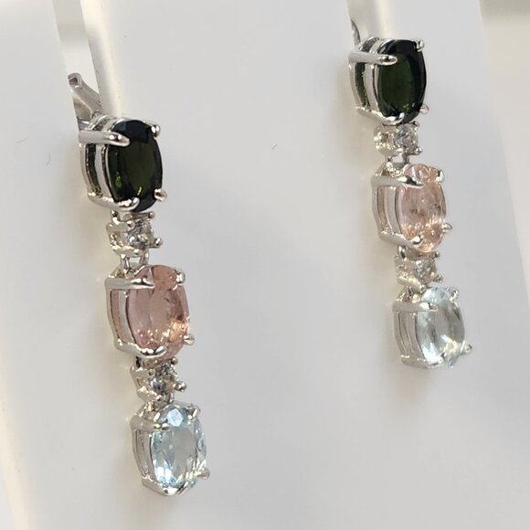 VTG NIB 925 Tourmaline Multi-Gem Dangle Drop Stud Earrings Signed 1" - Picture 10 of 14